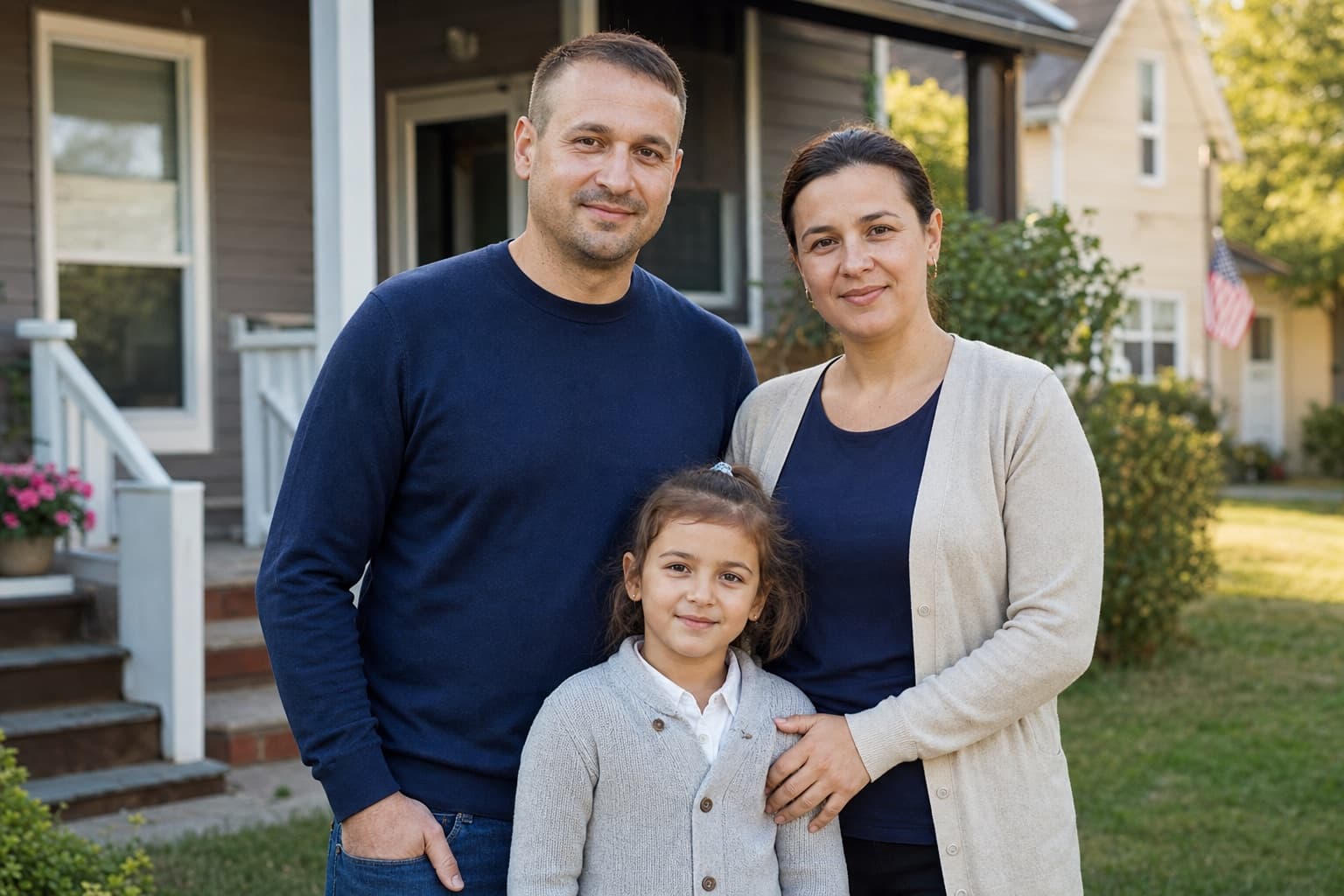 Family outside their home in the United States